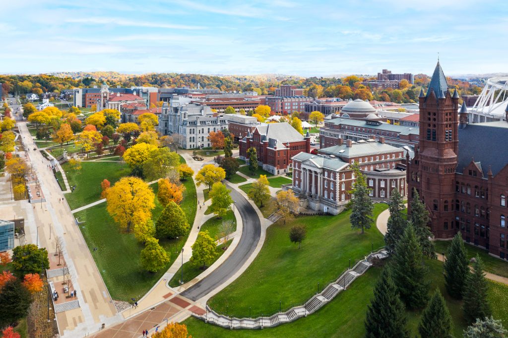 The Einhorn Family Walk stretches out across campus in front of Crouse College close to where it begins.